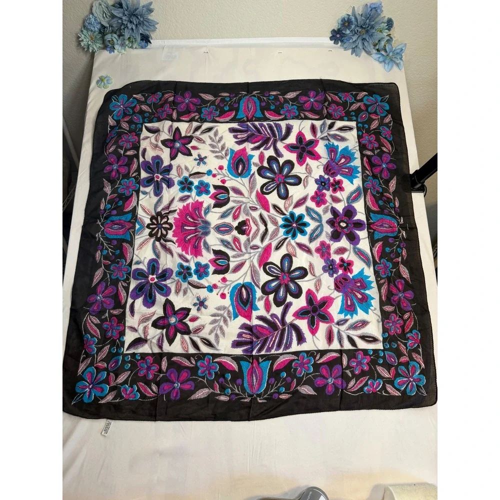 Floral Square Scarf Purple Pink Teal Rayon Boho Headwrap Neck Scarf 33x33